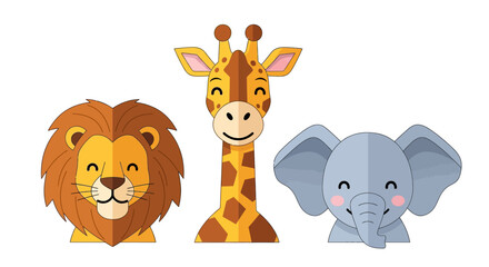 Naklejka premium Cute cartoon safari animals illustration featuring a lion, giraffe, and elephant heads with friendly expressions, perfect for children's designs.