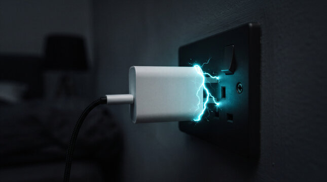 Closeup of a white power adapter plugged into a black wall socket with a glowing electric spark effect, representing fast charging