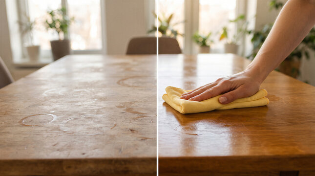 Before and after cleaning a wooden table with water stains, showing the process of restoring the surface with a yellow microfiber cloth