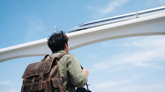 A young man with a backpack and camera looking at a highspeed train passing on an elevated bridge against a clear blue sky