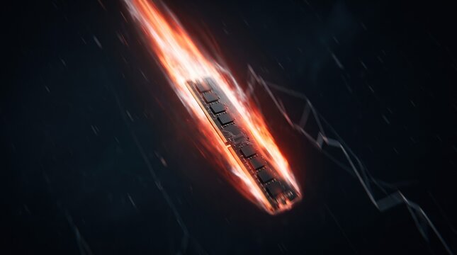 Burning Computer RAM Memory Module Falling with Flaming Fire Trail Motion