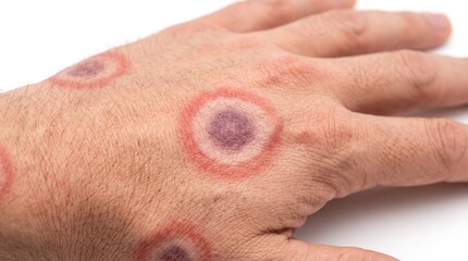 Naklejka premium Target Lesions of Erythema Multiforme Rash on Human Hand Close Up