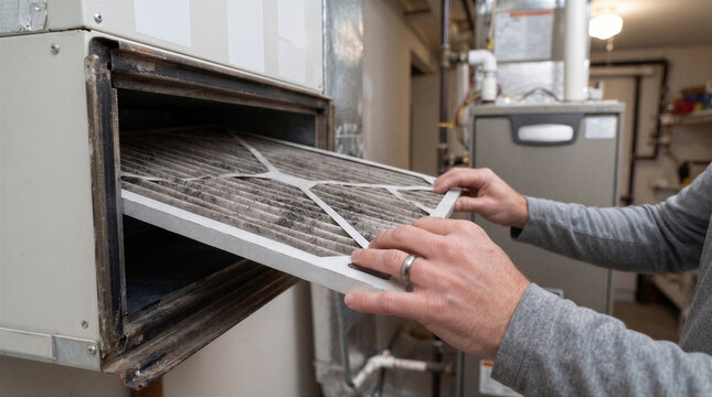 Closeup of a mans hands removing a dirty, dustcovered hvac air filter from a residential furnace unit for replacement or maintenance