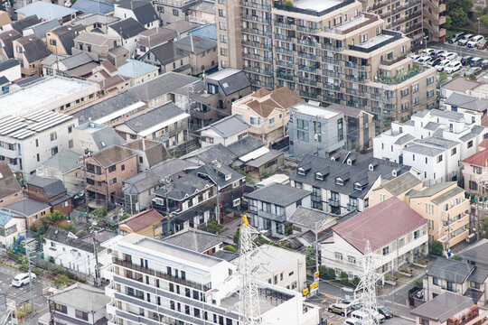 Dense Aerial View of Residential Neighborhood with Houses and Streets, Tokyo, Japan