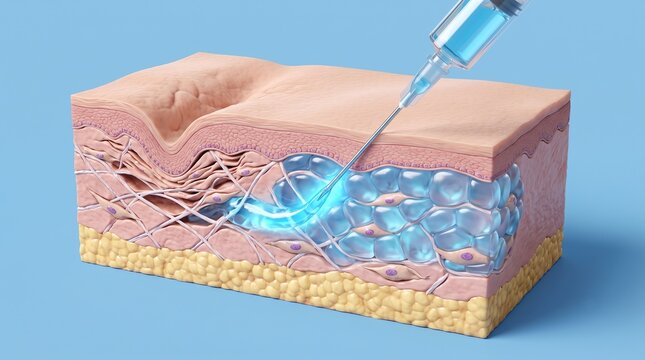 3D Cross Section of Syringe Injecting Hyaluronic Acid Filler into Deep Skin Layer