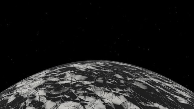 An abstract lunar landscape features textured craters and overlapping geometric ring patterns set against a starry black void.