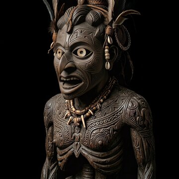 Close-Up Asmat Wooden Sculpture with Detailed Carving
