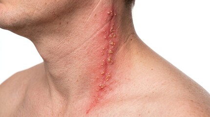 Naklejka premium Shingles Herpes Zoster Blister Rash along Neck and Shoulder Line Close Up