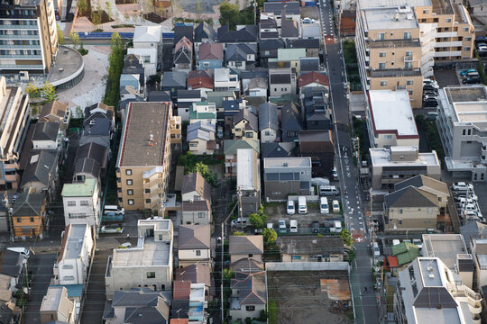 Dense Aerial View of Residential Neighborhood with Houses and Streets, Tokyo, Japan