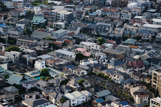 Dense Aerial View of Residential Neighborhood with Houses and Streets, Tokyo, Japan