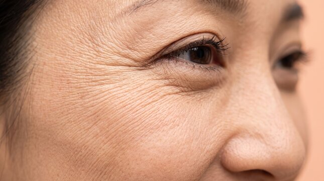 Macro Close Up of Eye Wrinkles and Fine Lines on Asian Senior Woman Face