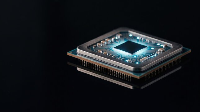 High Tech Computer Processor Microchip with Glowing Circuits on Dark Background