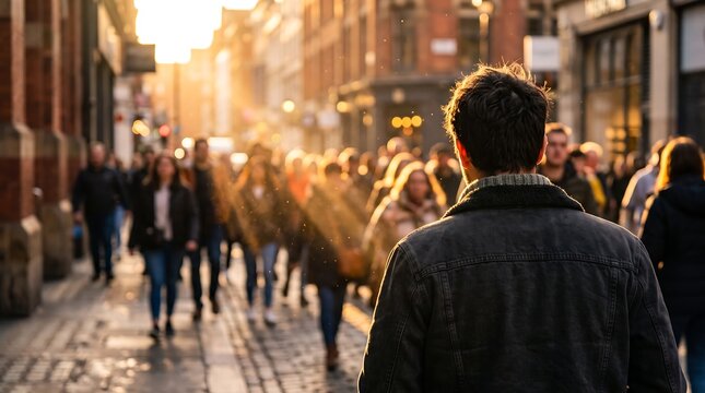 Man looking at crowded city street during golden hour sunset
