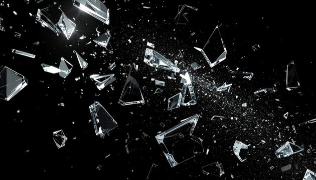 Shards of shattered glass flying and exploding in the air against dark background