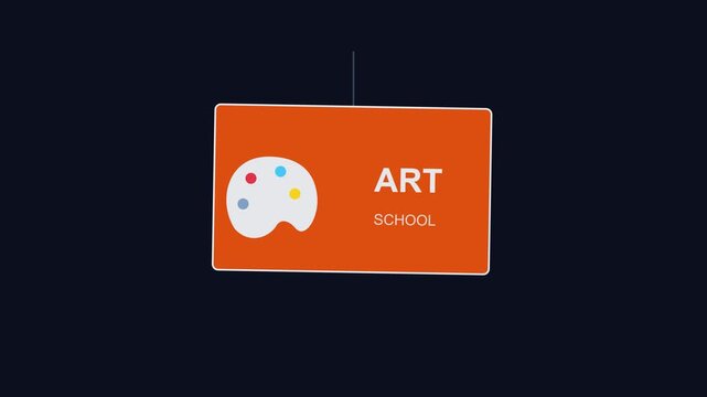 School sign swinging animation: creative education concept for classes and artistic workshops 4k