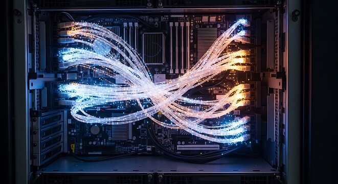 Fiber optic cables glowing with bright orange and blue light inside a high performance server rack computer hardware system unit