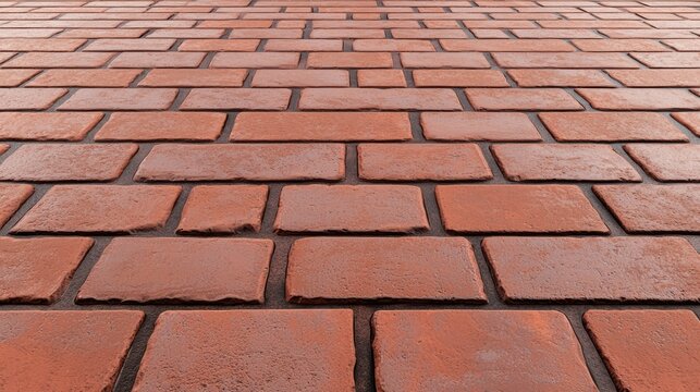 Close-up view of a red brick pavement with rectangular bricks arranged in a staggered pattern.