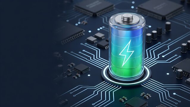 Solid state battery on motherboard circuit representing futuristic energy storage and fast charging technology