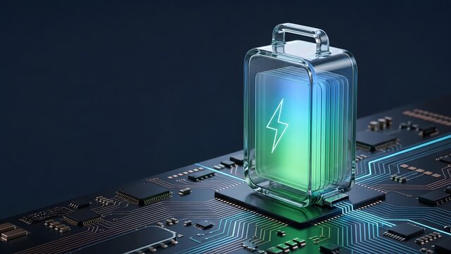 Transparent battery cell on motherboard revealing internal layers representing next generation energy storage and fast charging