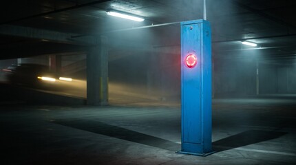 Fototapeta premium Cinematic Underground Parking Garage with Blue Pillar and Glowing Red Light in Foggy Atmosphere