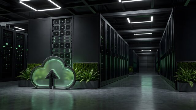Green data center featuring glowing cloud upload icon and floor plants symbolizing eco friendly web hosting and sustainable cloud migration