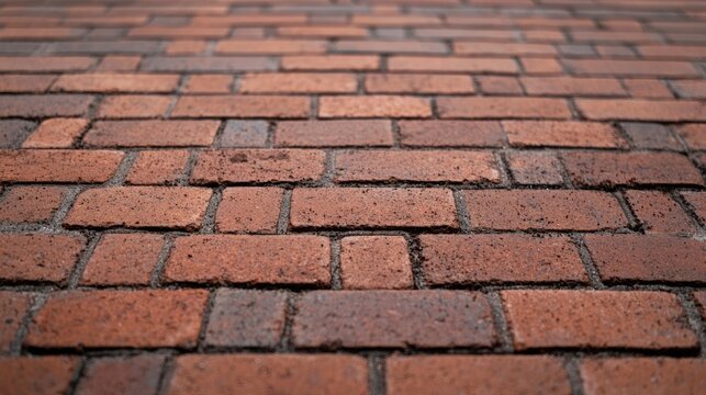 close-up view of a textured red brick pavement with a mix of rectangular bricks and mortar joints.