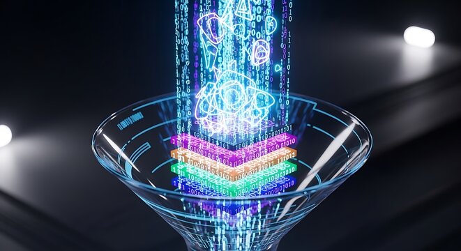 Glowing digital data funnel processing colorful information layers with streams of binary code in a vibrant high tech abstract visualization