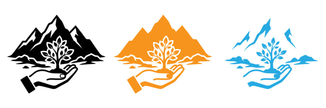 Three stylized mountain logo icons with abstract water and flame effects isolated on transparent background, Vector