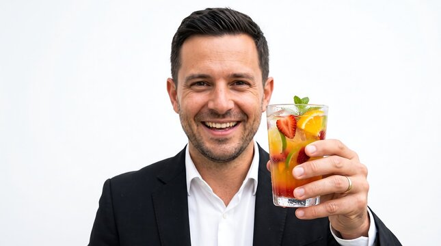 Smiling businessman holding fresh fruit cocktail drink