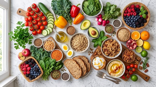 A vibrant and abundant spread of fresh, healthy food, showcasing a colorful variety of fruits, vegetables, grains, and dips, arranged artfully on wooden boards and in bowls.
