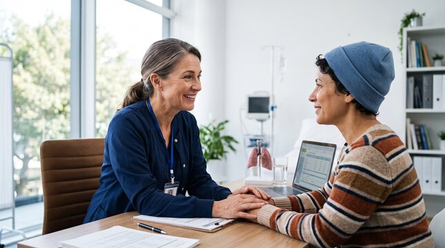 A compassionate doctor holds the hands of a patient wearing a headscarf, offering comfort and support during a consultation in a modern medical office. The scene conveys empathy, hope.
