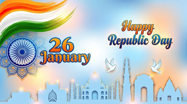 India republic day vibrant tricolor with landmarks doves 26th january celebration