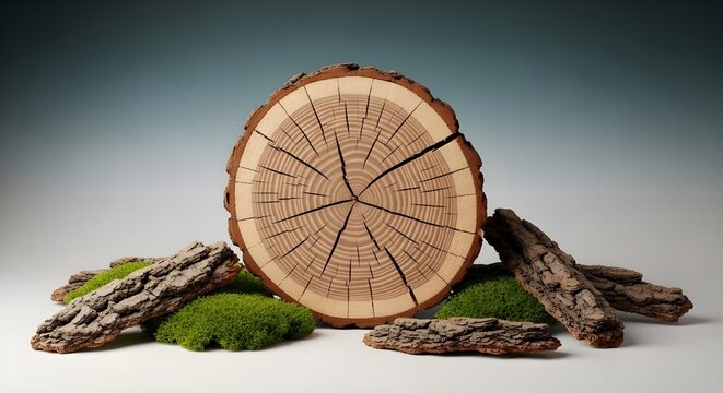 Cross section of a tree trunk showing growth rings, surrounded by pieces of bark and green moss, studio shot against a gradient background
