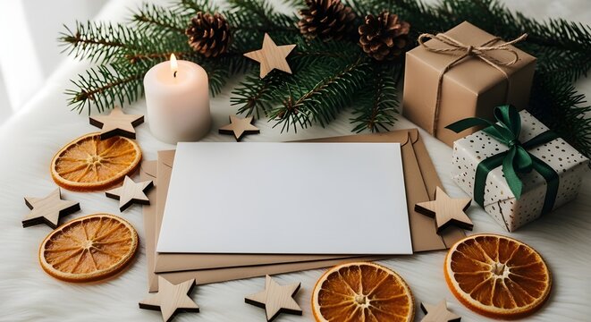 Christmas flat lay with blank card, gifts, dried orange slices, pine branches, and candle on a white fur background festive holiday greeting card mockup with copy space