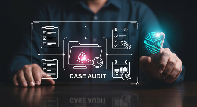 Case audit digital interface, legal compliance and document review concept, businessman analyzing law files on virtual screen
