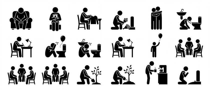 Diverse set of stick figure pictograms illustrating human emotions daily activities and social concepts suitable for infographics web design and educatio