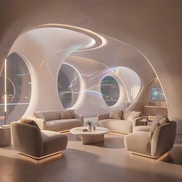 Futuristic living room interior with organic curved architecture and soft ambient lighting featuring modern furniture and holographic light streaks in a luxury space