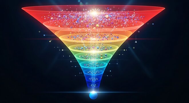 Vibrant digital sales funnel illustration showing colorful particles flowing through layers to reach a singular glowing blue sphere point below
