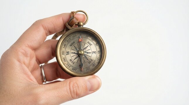Vintage metal nautical compass held firmly in a human hand against a clean white background for navigation travel adventure or exploring the vast unknown world