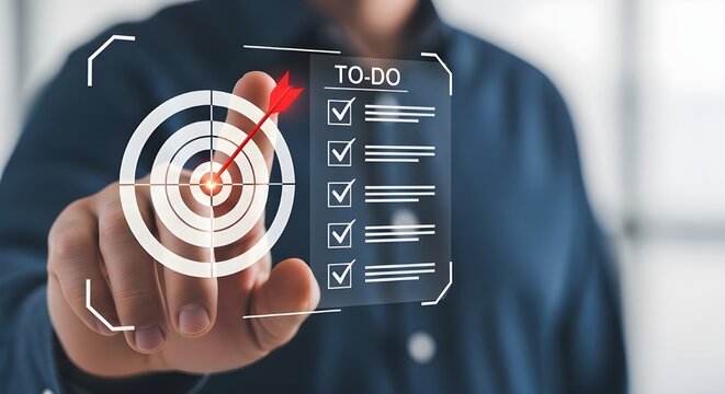 Businessman touching a virtual screen with a target icon and a completed todo list, representing goal achievement, productivity, and success in business management
