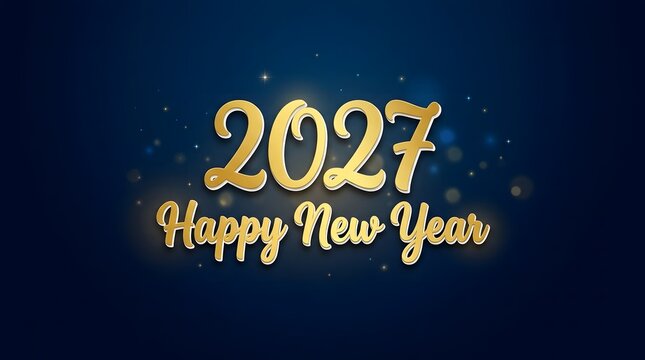 Minimalist and elegant Happy New Year 2027 banner with glowing golden typography on a deep blue background sprinkled with stardust and sparkles.