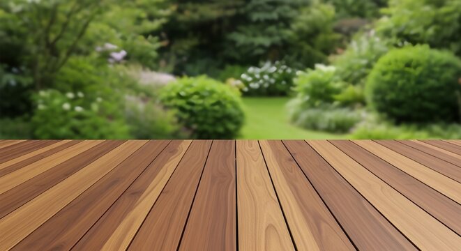 Empty wooden deck surface with a blurred lush green garden background, perfect for product display or background composition
