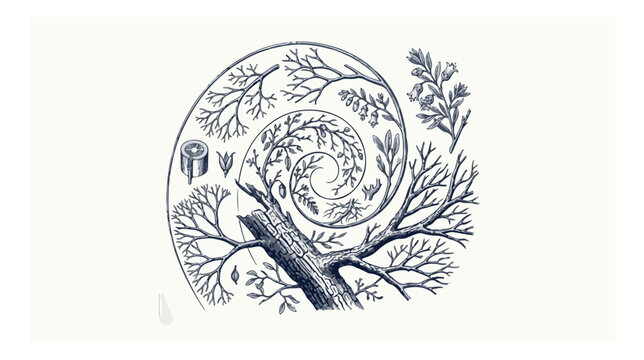 Vintage botanical tree spiral illustration, antique woodcut style nature branches, engraved organic plant growth vector for scientific research
