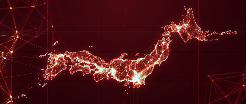 オレンジ色のデジタルネットワーク線とノードで輝く日本地図の背景グラフィック素材
