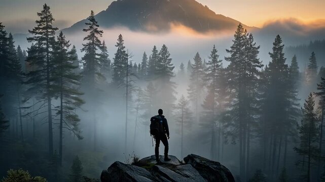Solitary hiker on rocky outcrop admiring misty mountain peak at dawn scenic nature landscape
