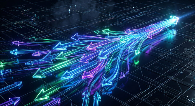 Abstract digital background featuring glowing neon arrows converging into a single direction representing progress and unity.