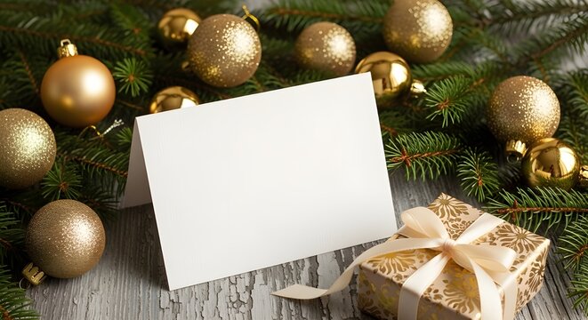 Christmas card mockup with gold ornaments and gift box on rustic wooden background, top view, copy space for your text