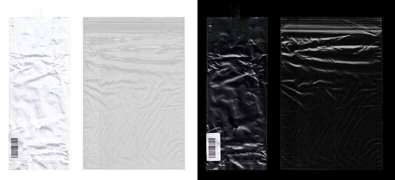 Two isolated clear plastic bags, one narrow with barcode sticker, hang hole, one wide with ziplock top. Crumpled polyethylene pouches overlay mockup set for product packaging. PNG photo plastic bags