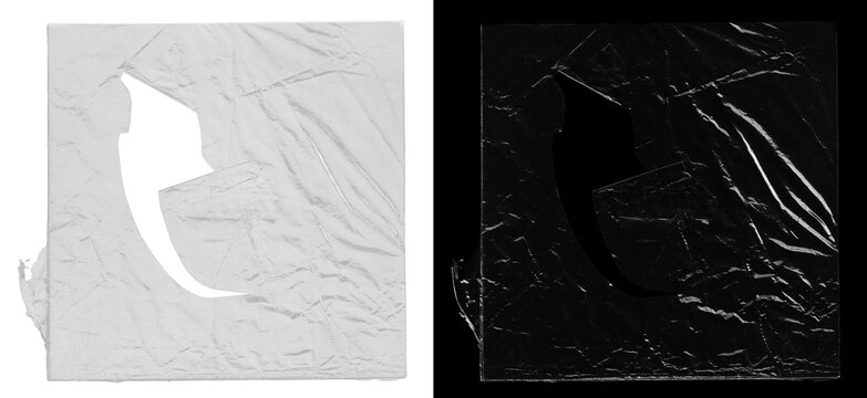 Polyethylene packaging for album cover cd or vinyl. Torn plastic packaging overlay effect with wrinkled film texture, ideal stamp for album cover design mockups. Plastic wrap, packing. PNG photo