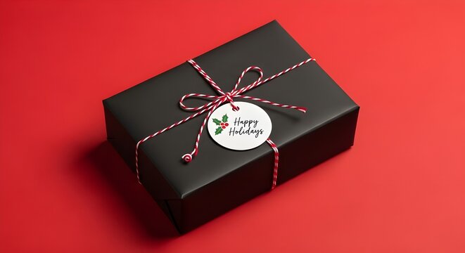 Black gift box wrapped with red and white twine and a happy holidays tag on a solid red background